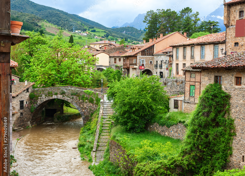 River Quiviesa, through San Cayetano bridge in Potes, Cantabria, Spain.
