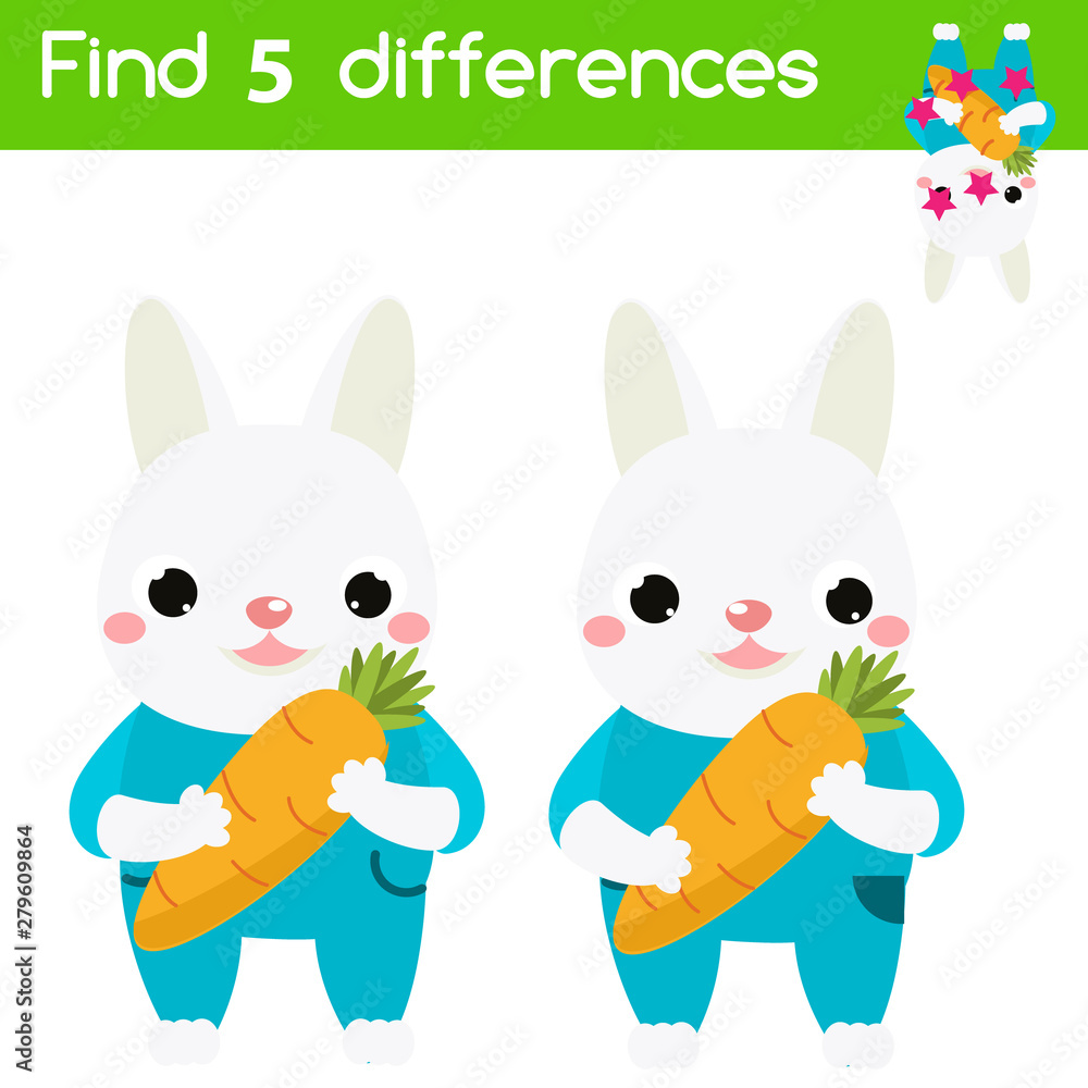 Find the differences educational children game. Kids activity with cartoon rabbit