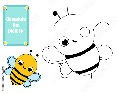 complete picture educational children game. Kids drawing worksheet. Printable activity for toddlers. Draw bee