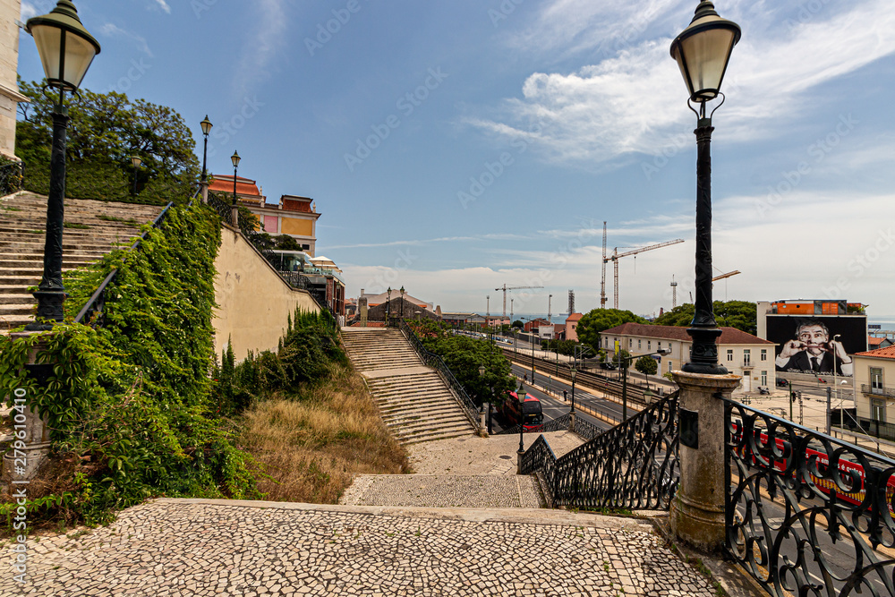 Stairs from one of the many viewpoints in Alcântara. Lisbon, Portugal