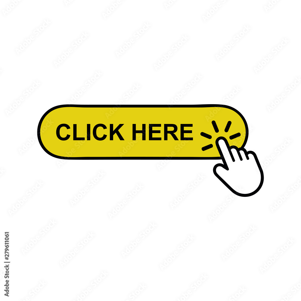 Click here button with hand pointer clicking. Flat vector illustration on white background. EPS 10 Click here button with hand pointer clicking. Flat vector illustration on white background. EPS 10