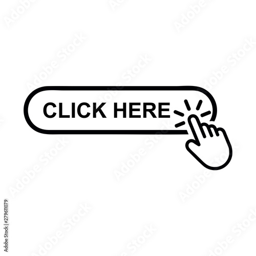 Click here button with hand pointer clicking. Flat vector illustration in black on white background. EPS 10