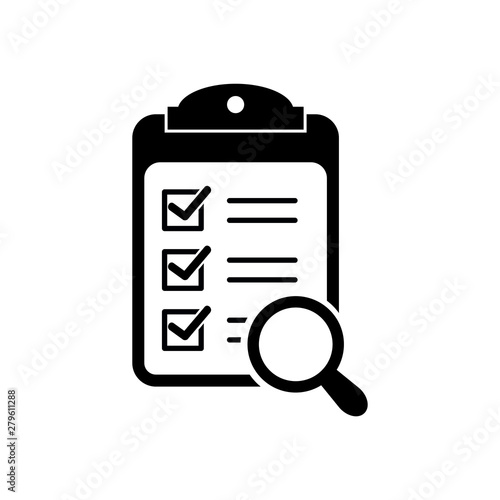 Magnifier assessment checklist icon. Vector flat style symbol.