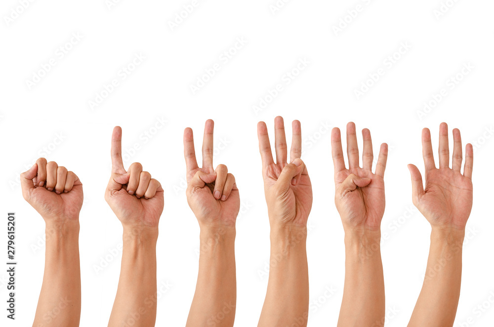 The hand of the man showing the symbol instead of the number The hand of the man showing the symbol instead of the number