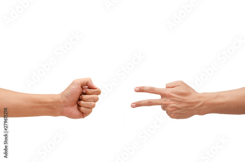Man's hand showing a game Rock-paper-scissors.