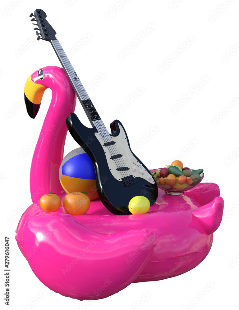 rubber flamingo with guitar and fruit