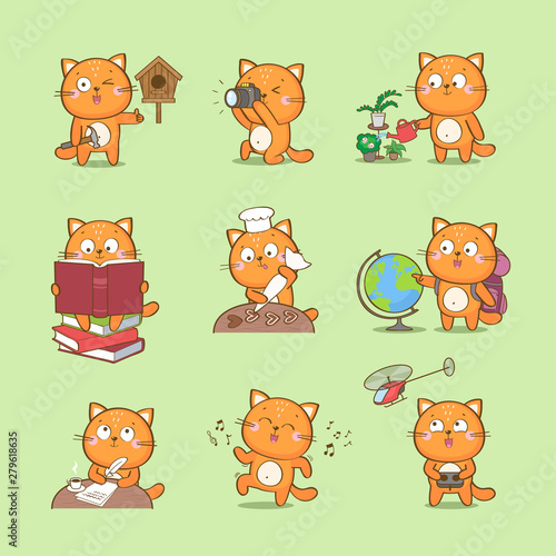 Set of cute cartoon cat character representing different hobbies: photography, reading, culinary, travel, craft, writing, dance, home gardening