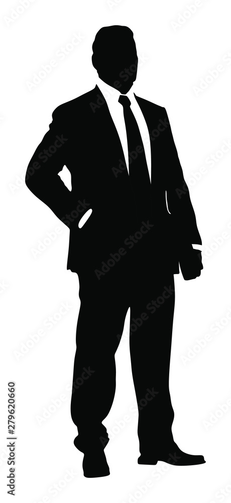 Businessman vector silhouette illustration. Handsome man in suite with hands in pockets. Standing casual pose. Relaxed man, confident leader standing. Businessman vector silhouette illustration. Handsome man in suite with hands in pockets. Standing casual pose. Relaxed man, confident leader standing.