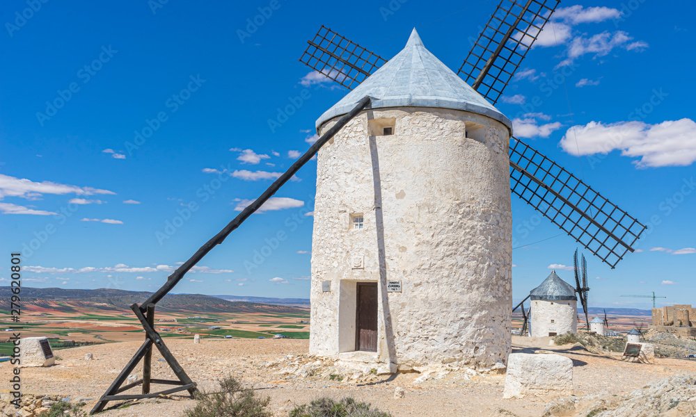 Travel, Beautiful summer above the windmills on the field in Spain