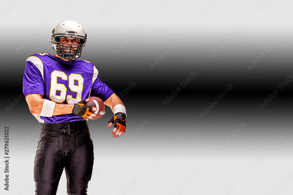 Concept american football, portrait of american football player in helmet with patriotic look. Black white background, copy space. sport banner