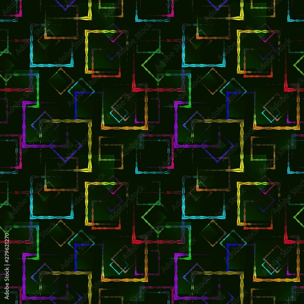 Bright colored carved squares and neon rhombuses for an abstract green background or pattern.