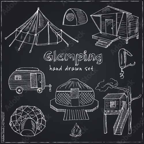 Glamping hand drawn doodle set. Vector illustration. Isolated elements. Symbol collection.