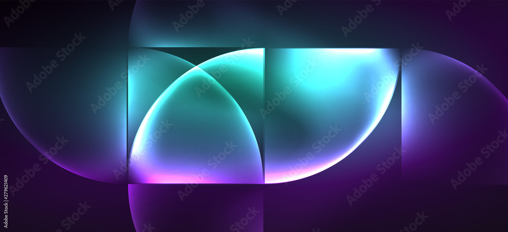 Neon glowing techno lines, hi-tech futuristic abstract background. Template with abstract shapes in dark space Neon glowing techno lines, hi-tech futuristic abstract background. Template with abstract shapes in dark space