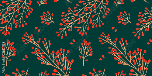Green Christmas seamless pattern for festival background design. Winter sale fair branding. New Year seasonal celebration greeting card. Pine cone xmas branches with leaves isolated fir on green color