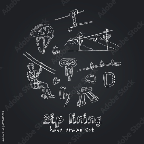 Zip line hand drawn doodle set. Vector illustration. Isolated elements. Symbol collection.