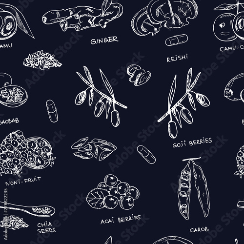 Hand drawn doodle super food. Vector illustration. Isolated elements on Symbol collection.