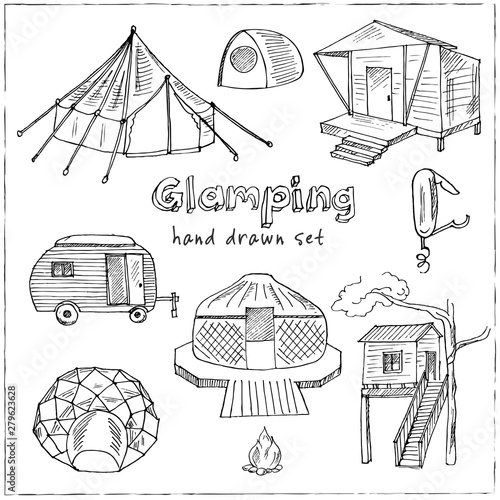 Glamping hand drawn doodle set. Vector illustration. Isolated elements. Symbol collection.