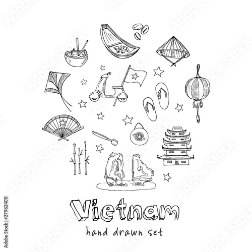 Vietnam hand drawn doodle set. Vector illustration. Isolated elements. Symbol collection.