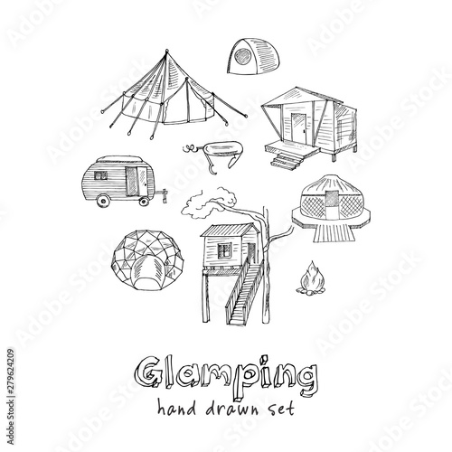 Glamping hand drawn doodle set. Vector illustration. Isolated elements. Symbol collection.
