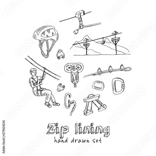 Zip line hand drawn doodle set. Vector illustration. Isolated elements. Symbol collection.