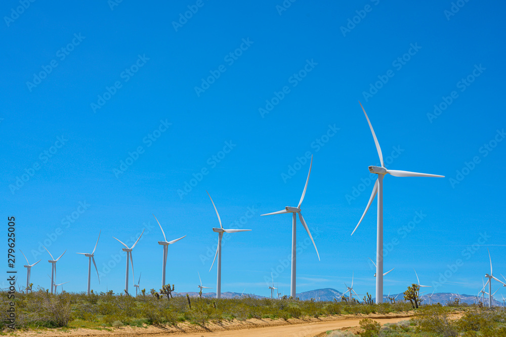 Windmill farm beautiful in spring time with green grasses Joshus trees Castus and colourful flowers with blue sky at Mojave windmill farm California Windmill farm beautiful in spring time with green grasses Joshus trees Castus and colourful flowers with blue sky at Mojave windmill farm California