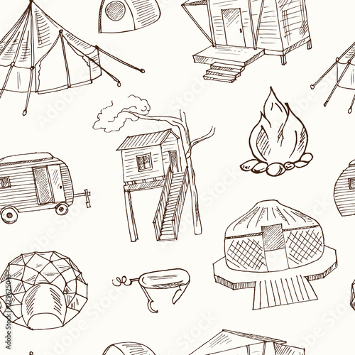 Glamping hand drawn doodle seamless pattern. Vector illustration. Isolated elements. Symbol collection.