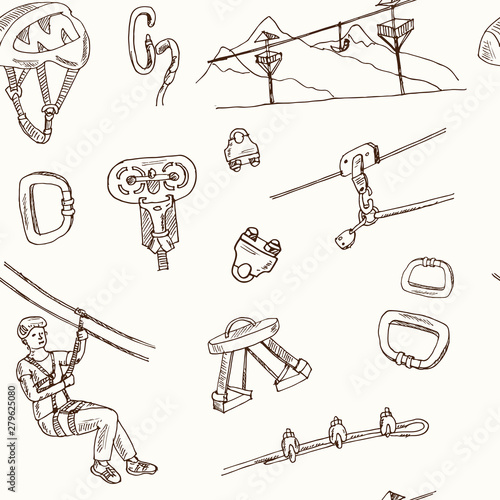 Zip line hand drawn doodle seamless pattern. Vector illustration. Isolated elements. Symbol collection.