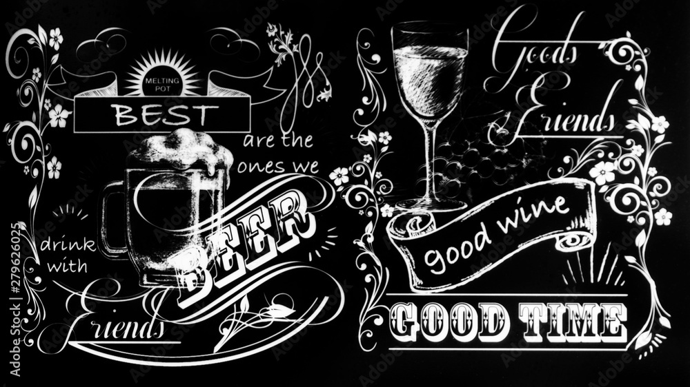 Illustrazione Stock Enseigne style old school pour bar à vin, café, bar,  restaurant en craie sur tableau noir bière et vin texte en anglais avec  dessin à la main | Adobe Stock