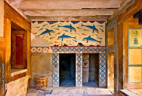 The Dolphins fresco from the Queen's Megaron at the Minoan palace of Knossos, Heraklion, Crete, Greece. photo