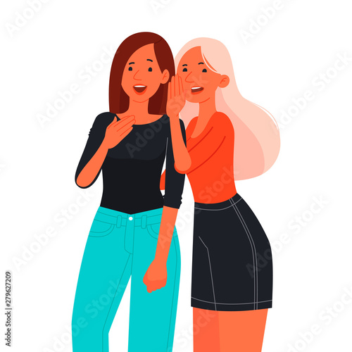 Gossip. The concept of spreading rumors. Two young girls are whispering