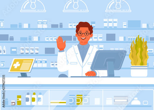 Pharmacist shows a greeting gesture. Drugstore. Poster for the design of the pharmacy website