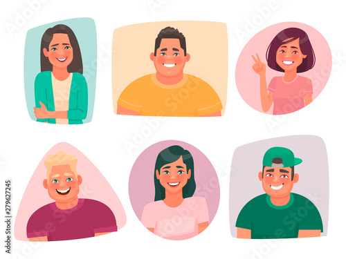 Set of portraits of young happy people. Avatars of smiling guys and girls of students. Joyful characters of men and women