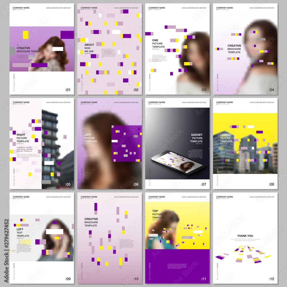 Creative brochure templates with colorful elements, rectangles, gradient backgrounds. Covers design templates for flyer, leaflet, brochure, report, presentation, advertising, magazine.