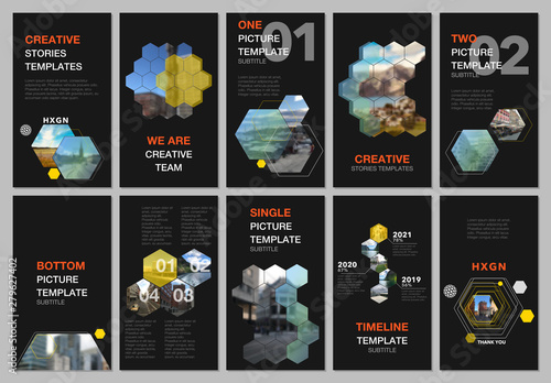 Creative social networks stories design, vertical banner or flyer templates with hexagones and hexagonal shapes on black background. Covers design templates for flyer, leaflet, brochure, presentation
