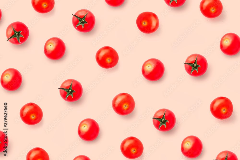 Cherry tomatoes on colored background. Pattern of cherry tomatoes. Vegans concept. Composition of tomatoes Cherry tomatoes on colored background. Pattern of cherry tomatoes. Vegans concept. Composition of tomatoes