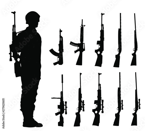Fotografie, Obraz Saluting army soldier with rifle on duty vector silhouette (Memorial day, Veterans day, 4th of July, Independence day ) Rifle collection vector isolated