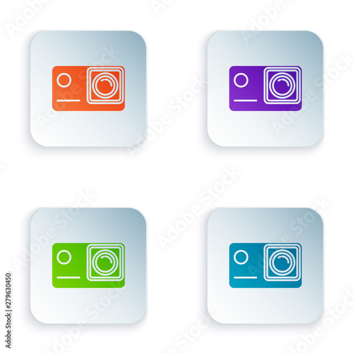 Color Action extreme camera icon isolated on white background. Video camera equipment for filming extreme sports. Set icons in colorful square buttons. Vector Illustration