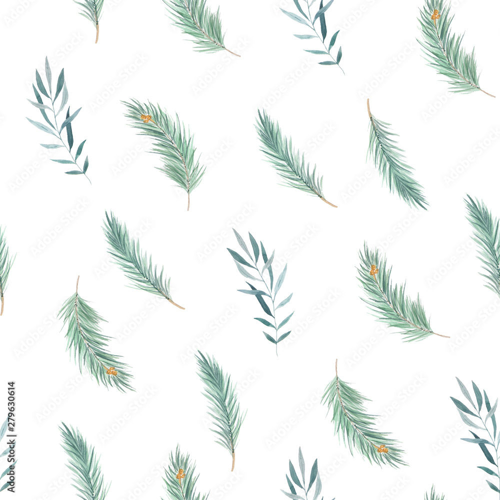 Watercolor seamless pattern with pine branches Watercolor seamless pattern with pine branches