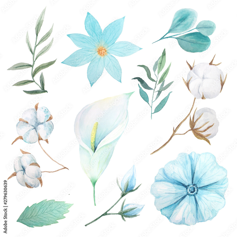 Watercolor set of blue and white flowers and leaves Watercolor set of blue and white flowers and leaves