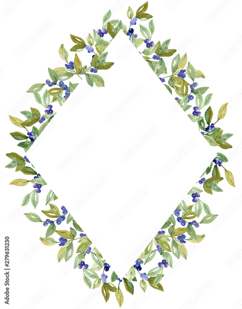 Obraz premium Watercolor floral blueberry frame. Could be used for wedding invites, autumn festivals, sales, greeting cards, back to school cards and other autumn events.