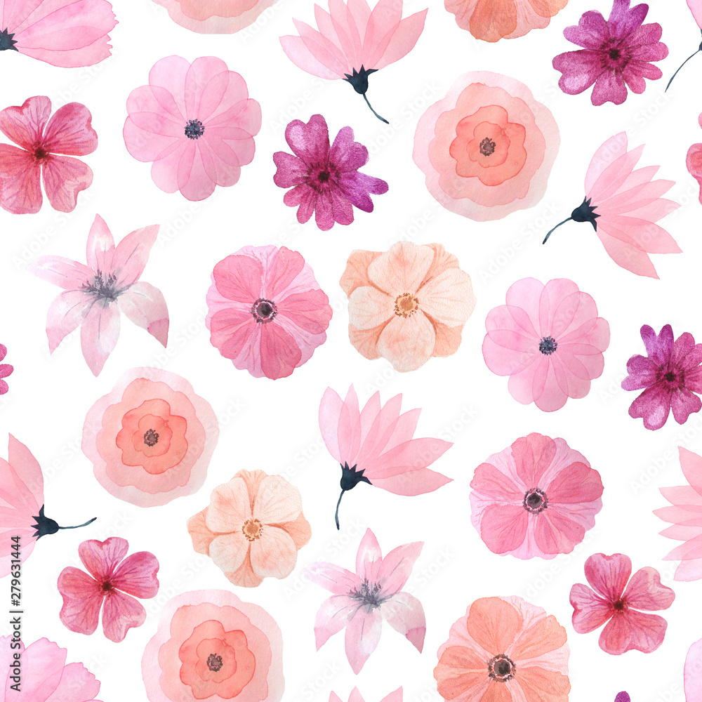 Seamless pattern with pink roses and anemones Seamless pattern with pink roses and anemones