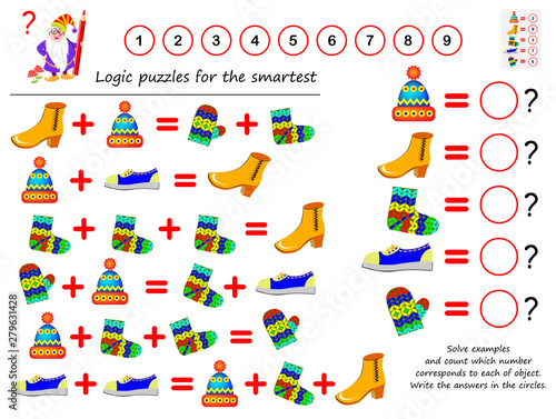 Mathematical logic puzzle game. Solve examples and count which number corresponds to each of object. Write the answers in circles. Printable page for brainteaser book. Developing spatial thinking.