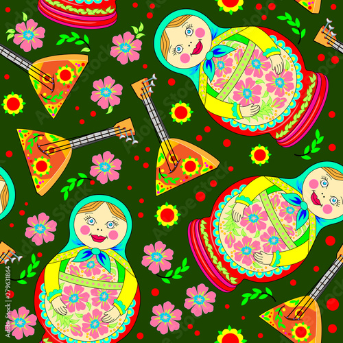 Seamless pattern ornament with Russian doll Matryoshka and musical instrument balalaika scattered on green background. Eastern ethnic decoration. Modern popular print for wallpaper and textile.