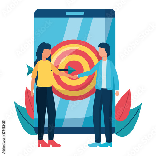 young business couple team with smartphones