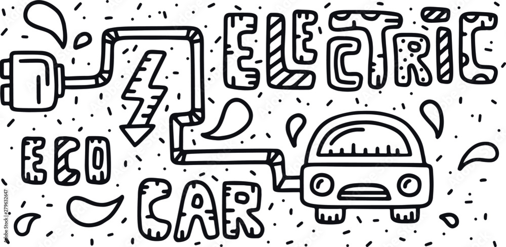 Eco electric car lettering. Monochrome doodles. Car with wire and plug. Hand drawn vector illustration