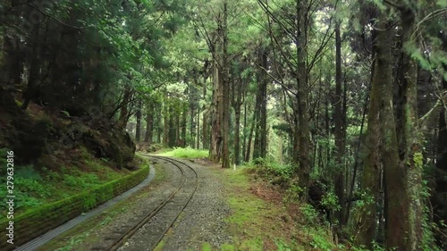 Old Abandoned Railroad in Alishan Scenic Area Forest in Taiwan. Aerial View photo