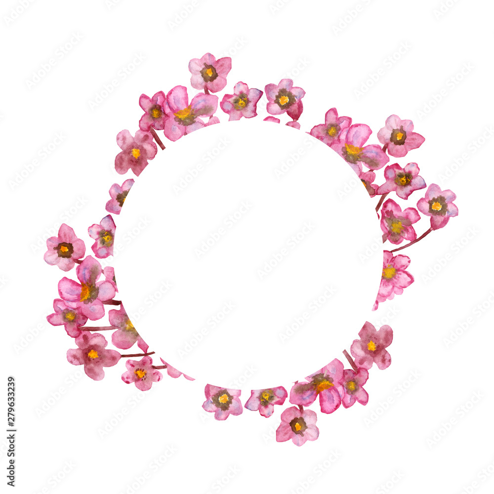 Round frame of pink watercolor flowers isolated on white background. Hand painted Botanical illustration for beautiful design of greeting cards, wedding invitations, labels, banners.
