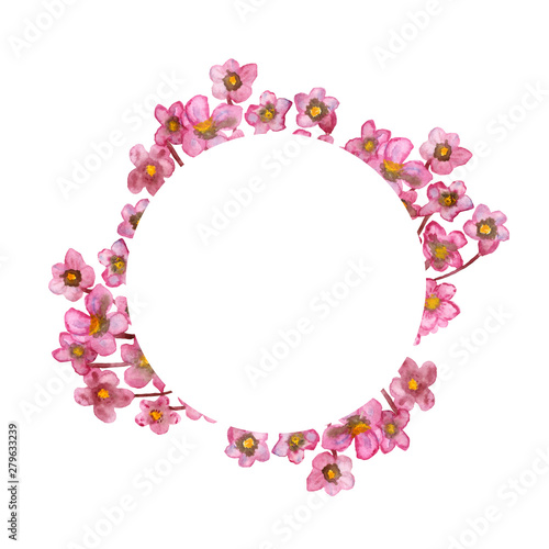 Round frame of pink watercolor flowers isolated on white background. Hand painted Botanical illustration for beautiful design of greeting cards  wedding invitations  labels  banners.