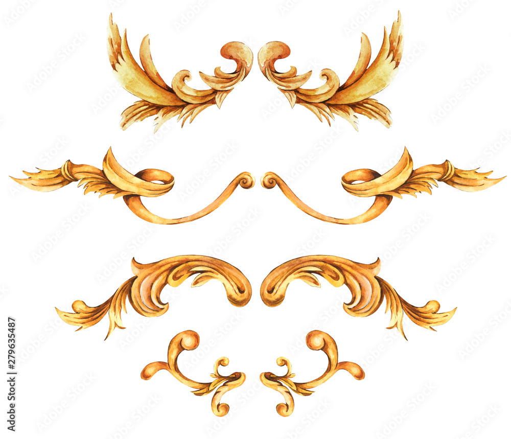 Watercolor set of golden baroque, rococo ornament elements. Hand drawn