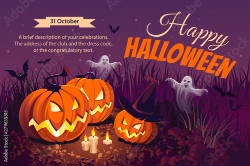 Halloween illustration. Horizontal banner with pumpkins on night background. Autumn landscape.